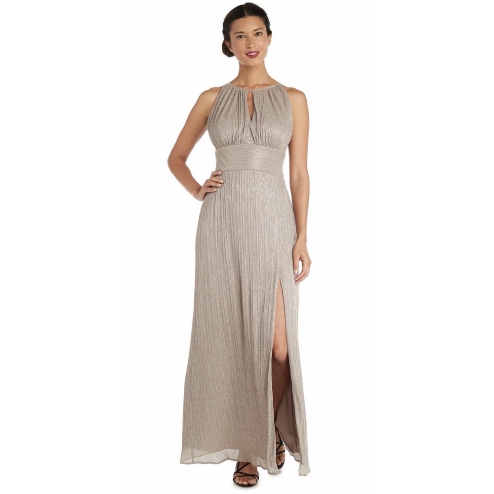 R&M Richards Women's Metallic Gold Halter Neck Gown Dress Slit Formal 12 New
